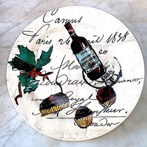 WILLIAM-SONOMA HOLIDAY PARTY SALAD PLATE 9 INCH HOLLY PASTRIES WINE BOTTLE